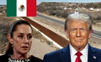 US-Mexico border wall with two political figures and Mexican flag