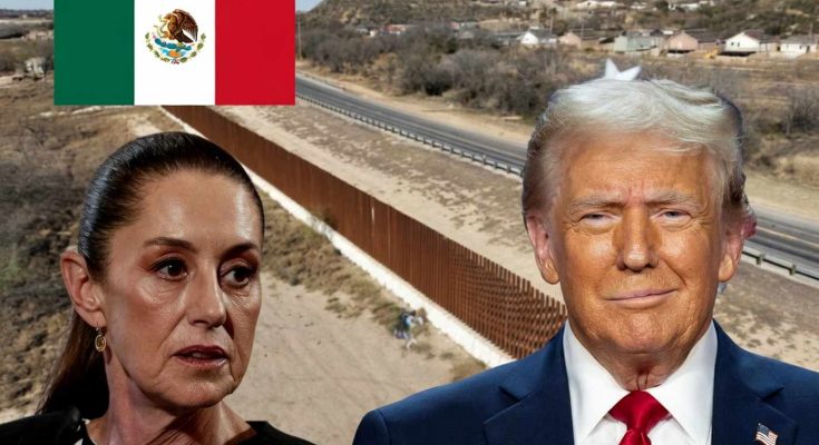 US-Mexico border wall with two political figures and Mexican flag