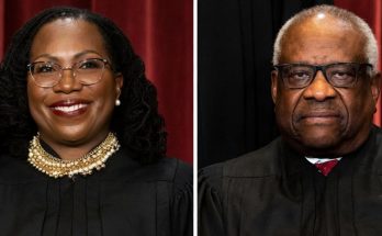 supreme Court Justices in formal attire with headline critique
