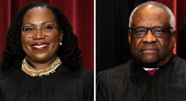 supreme Court Justices in formal attire with headline critique