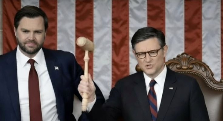 two politicians in suits with a gavel, American flag backdrop