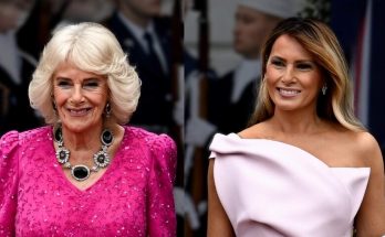 two women in elegant dresses at formal event, smiling
