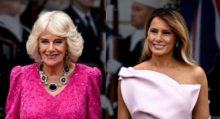 two women in elegant dresses at formal event, smiling
