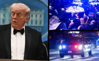 formal event with guests taking cover, presidential motorcade at night