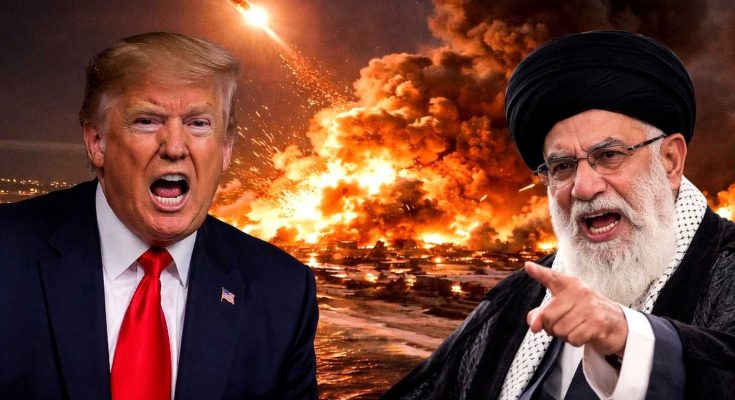 explosive confrontation between two leaders amid fiery backdrop