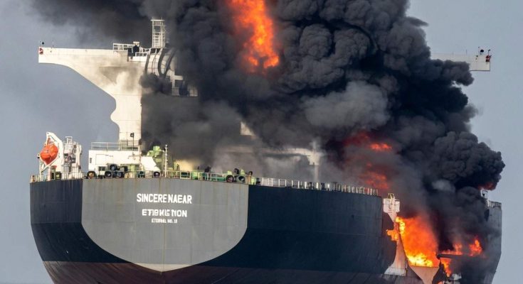 massive ship engulfed in flames and smoke on open sea
