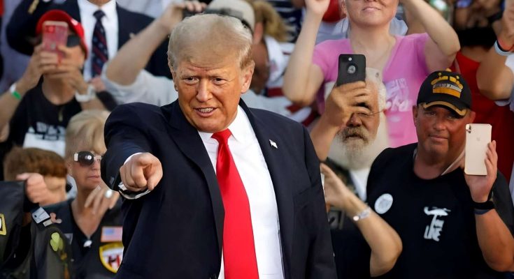 donald Trump addressing a cheering crowd with enthusiasm