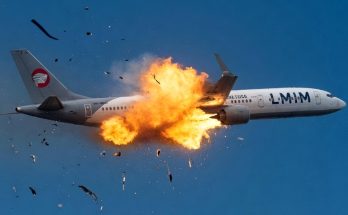 airplane mid-air explosion with debris against blue sky