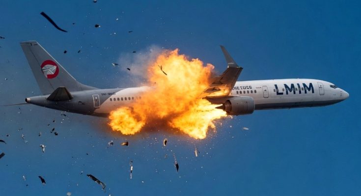 airplane mid-air explosion with debris against blue sky