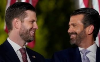 don Jr and Eric Trump smiling, American flags in background