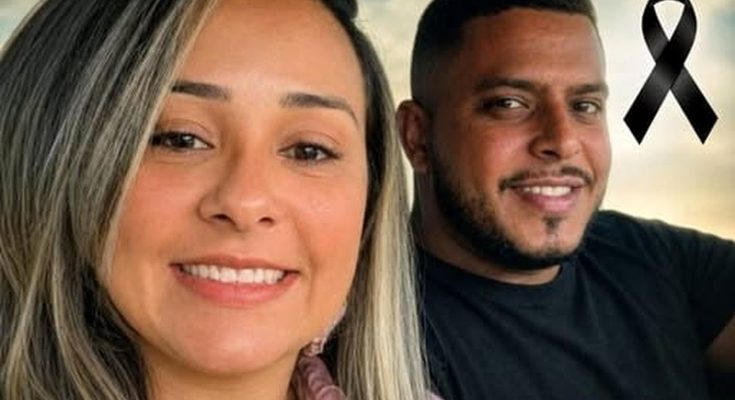 memorial tribute with two smiling faces and police scene