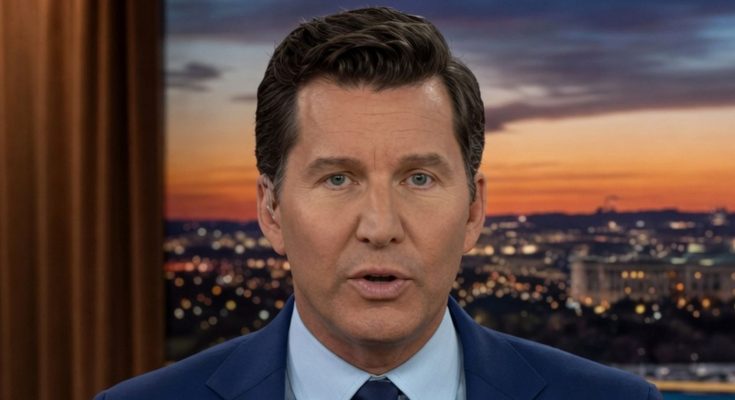 news anchor in blue suit delivering evening report