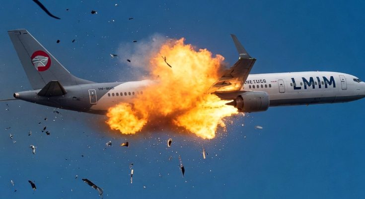 airplane mid-flight explosion with debris scattering in sky