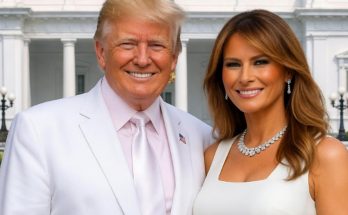 smiling couple in white attire at formal event with flags