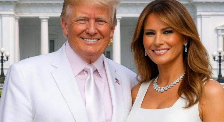 smiling couple in white attire at formal event with flags