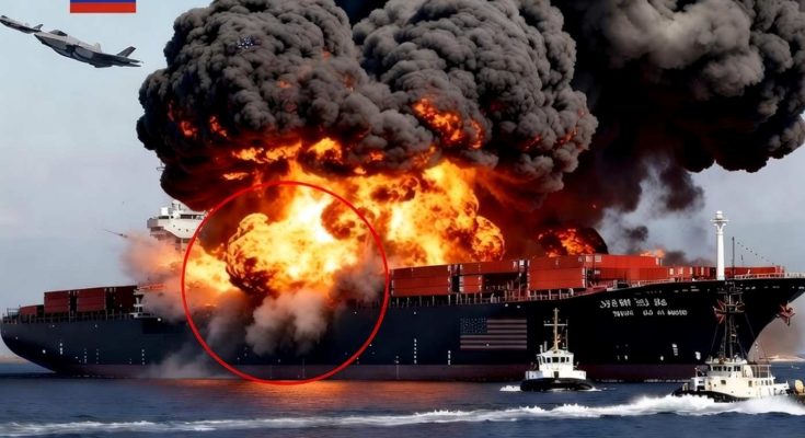 cargo ship engulfed in flames with military aircraft overhead
