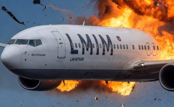 airplane mid-flight with explosion in the background, dramatic scene