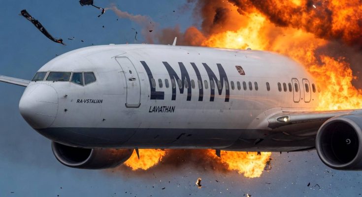 airplane mid-flight with explosion in the background, dramatic scene