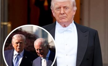 donald Trump in tuxedo at event with Biden and headline text