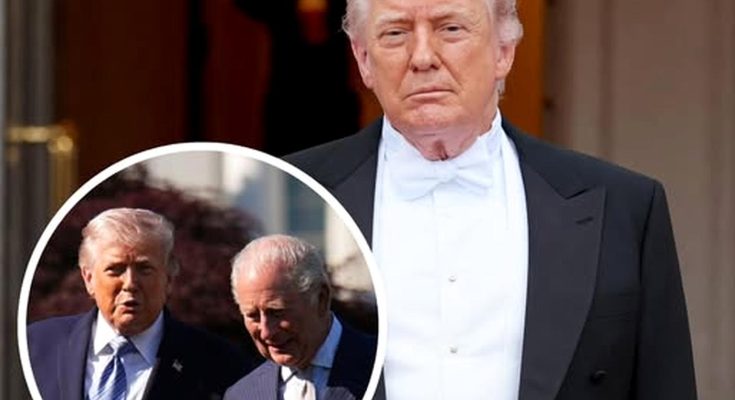 donald Trump in tuxedo at event with Biden and headline text
