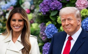 smiling couple in garden, political headline, vibrant flowers