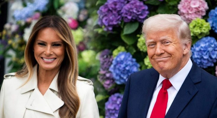 smiling couple in garden, political headline, vibrant flowers