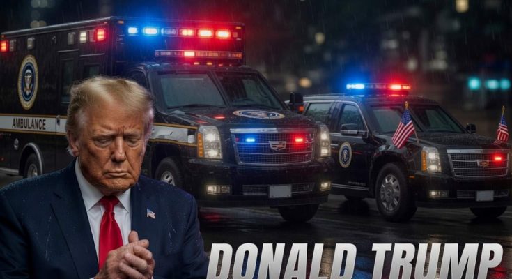 donald Trump in front of ambulances, urgent news headline