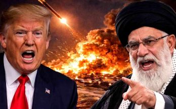 leaders face off with fiery background, highlighting tension