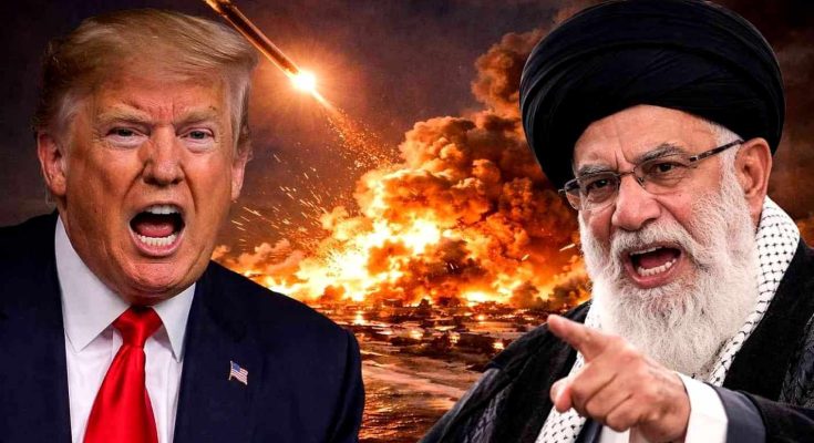 leaders face off with fiery background, highlighting tension