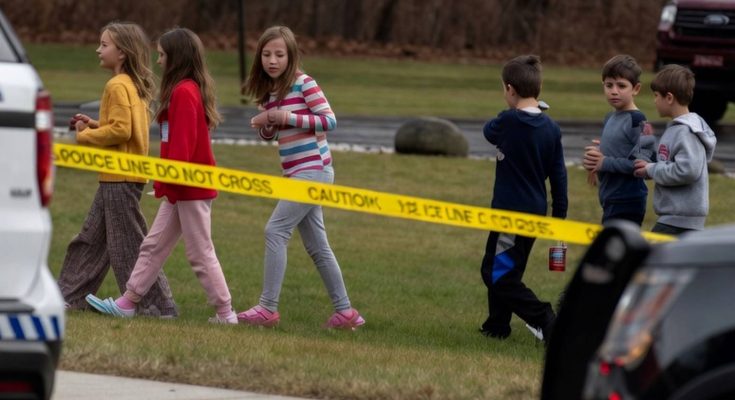 children walk past police tape in suburban neighborhood, focus on safety
